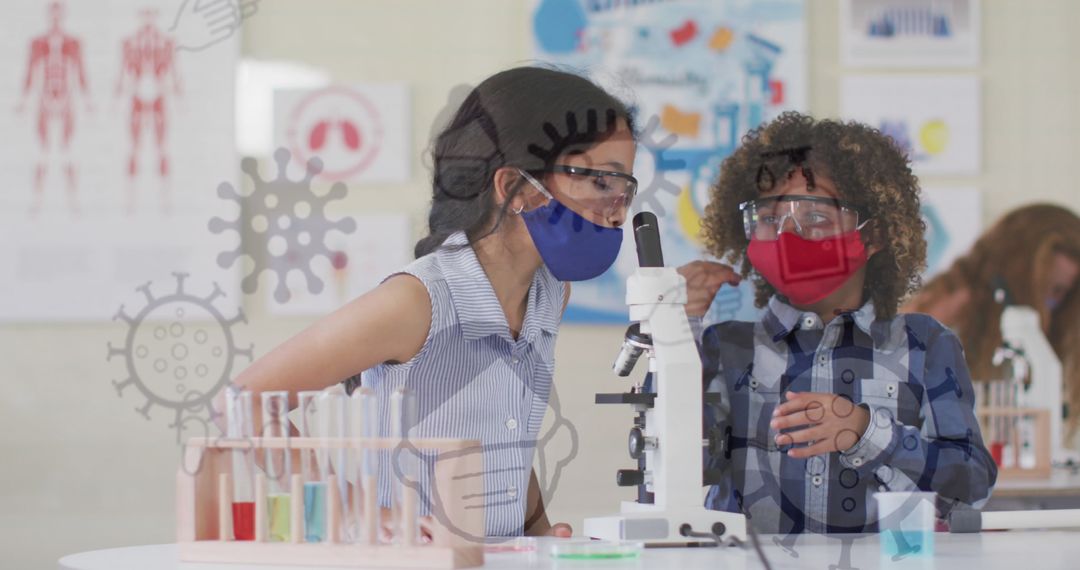 Masked Schoolchildren Conducting Science Experiments with Safety Precautions