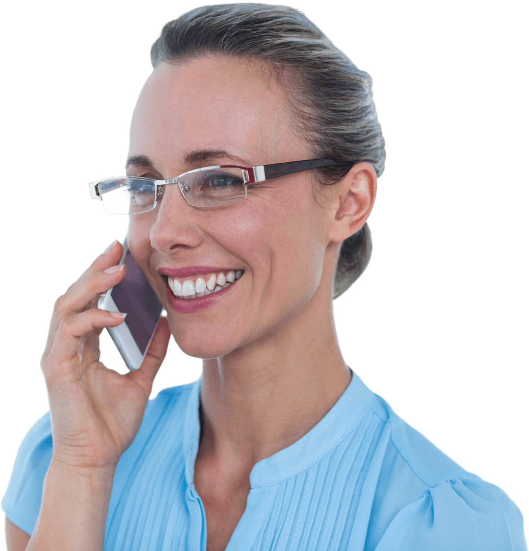 Transparent Professional Woman Smiling on Phone Call