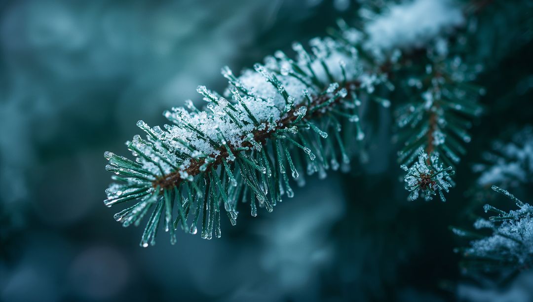 Frosty Evergreen Branch Bearing Ice and Snowflakes in Winter Wonderland
