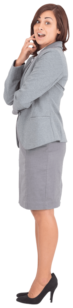 Transparent Caucasian Businesswoman Surprised Expression on White Background