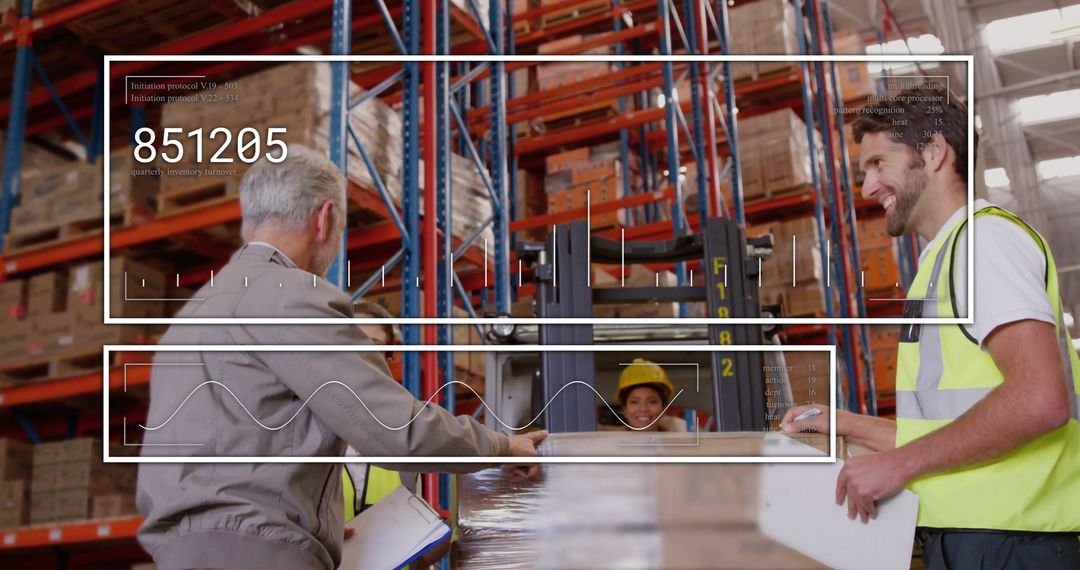 Warehouse Team Collaborating with Digital Interface Overlay