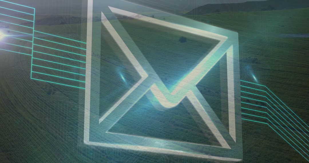 Futuristic Email Icon Over Green Field with Digital Lines