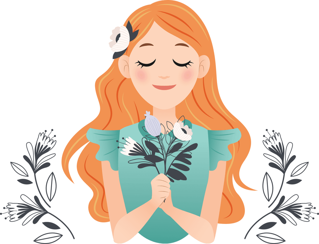 Smiling Woman with Flowers in Transparent Vector Art
