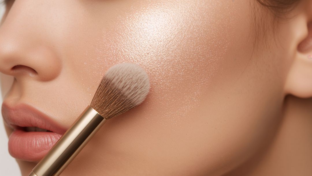 Applying Shimmering Highlighter on Model's Cheek with Brush