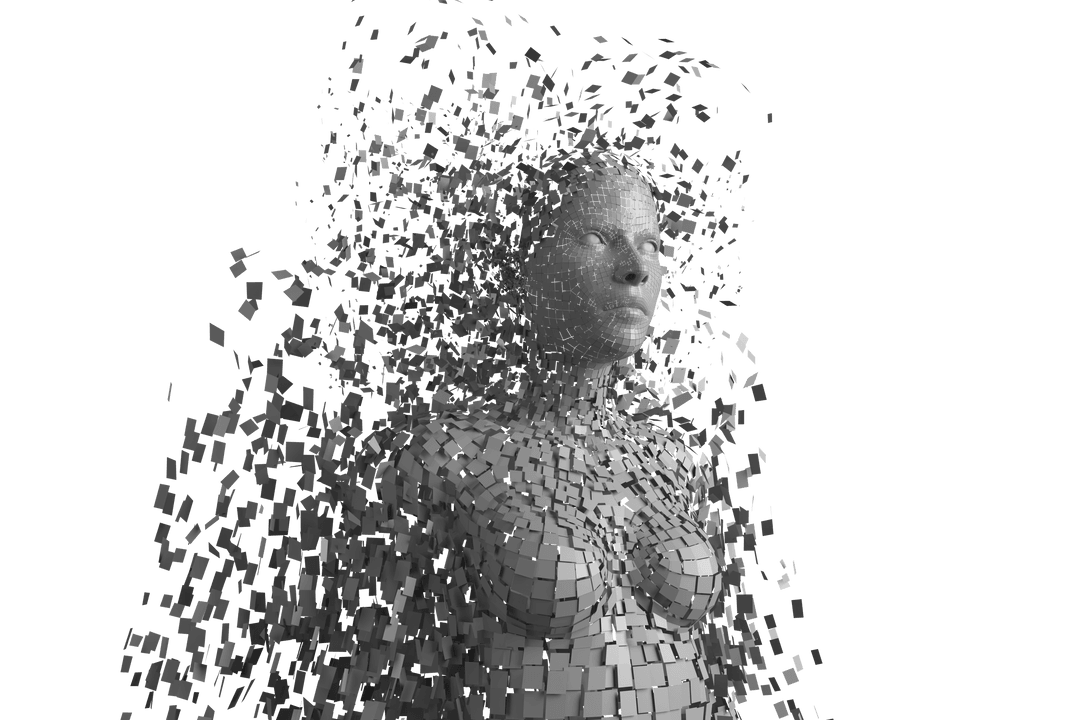 Transparent Digital Woman Fading into Pixels