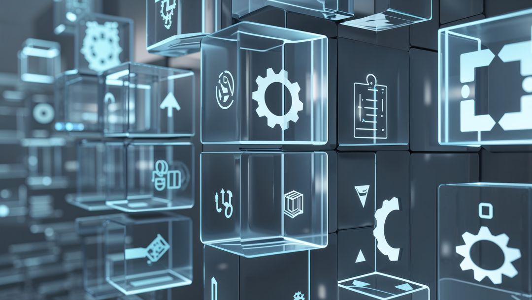 Futuristic Digital Cubes with Holographic Interface Icons