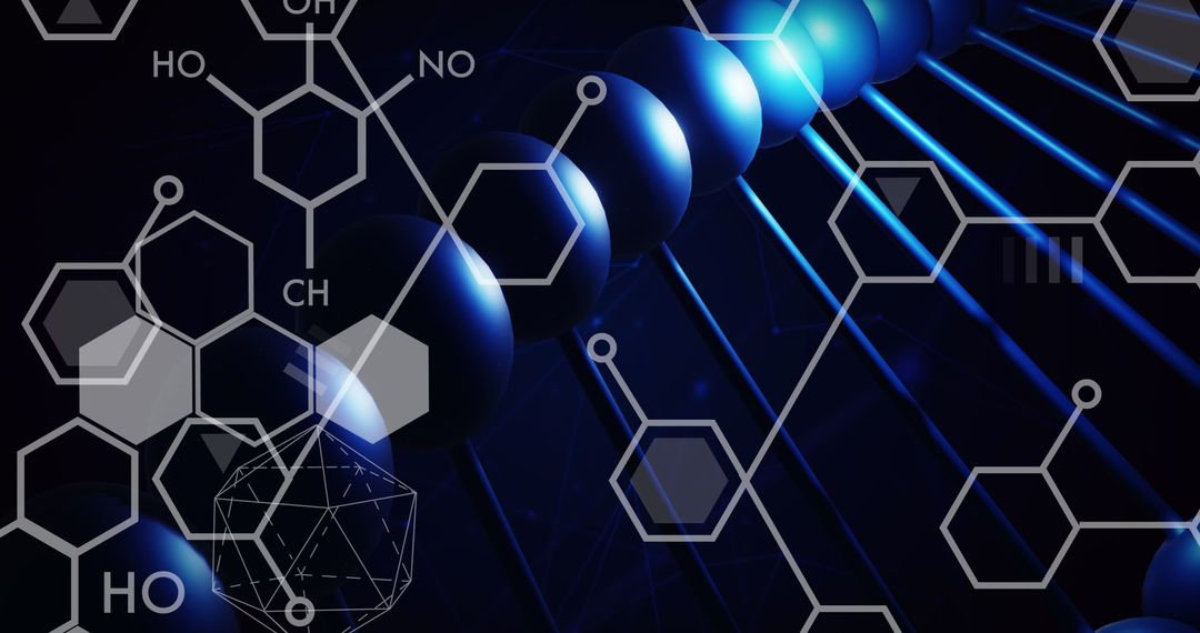 DNA Helix Overlapping with Chemical Formulas on Black Background