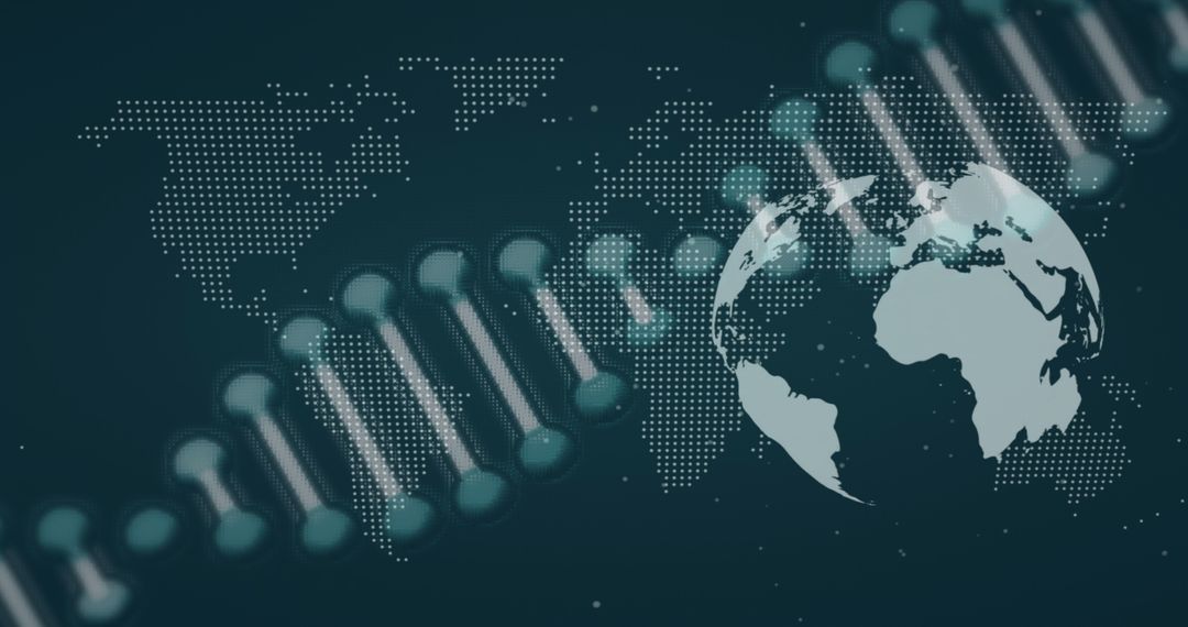 Digital DNA Strand Overlaying World Map and Globe