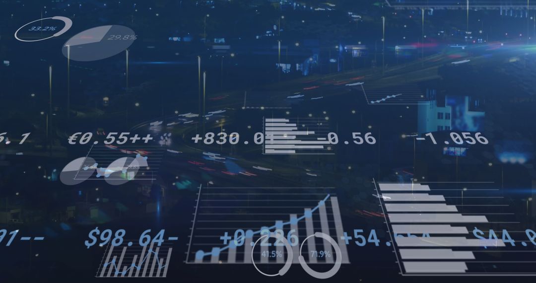 Cityscape with Digital Statistics and Financial Data Overlay