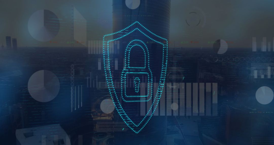 Cybersecurity Symbol with Hexlock Over Cityscape Technology Concept