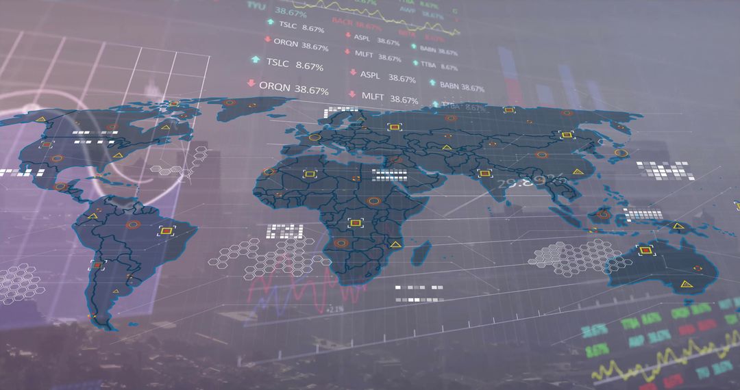Futuristic World Map with Financial Data Visualization Overlay