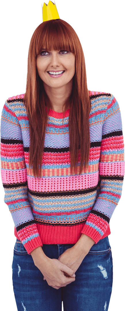 Smiling Woman in Colorful Sweater and Crown, Transparent Background