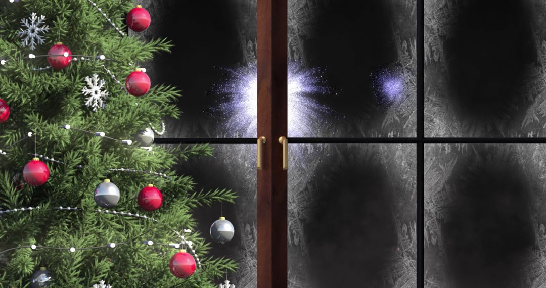 Christmas Tree by Frosted Window with Fireworks