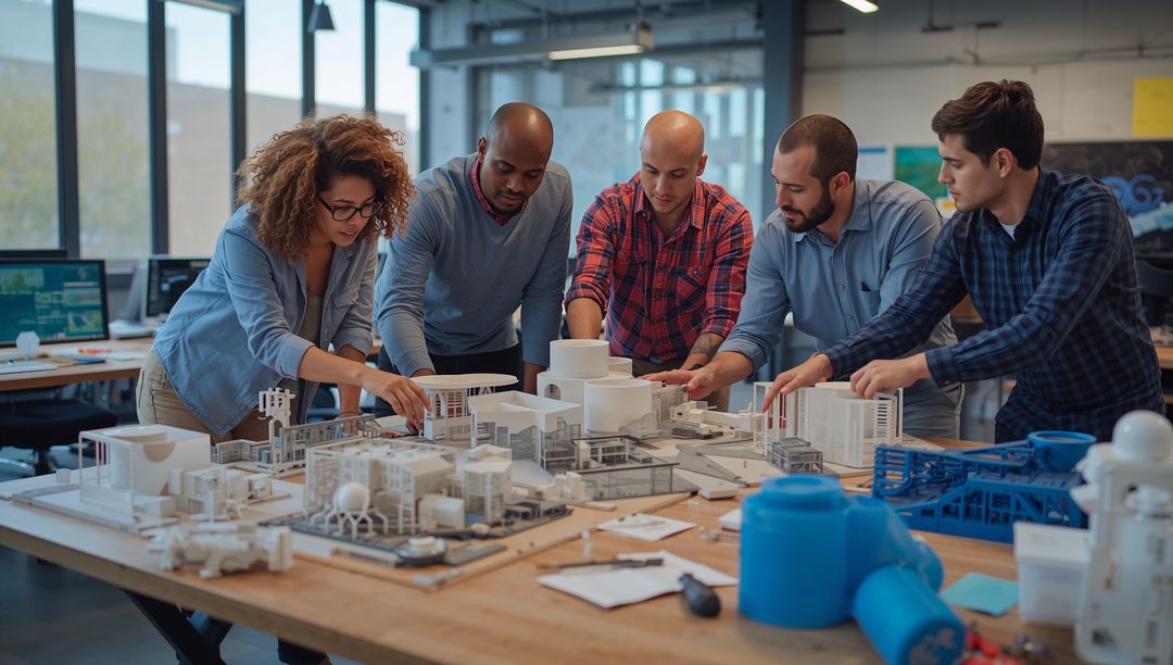 Diverse Architects Collaborating on Scale Model with 3D Printed Components