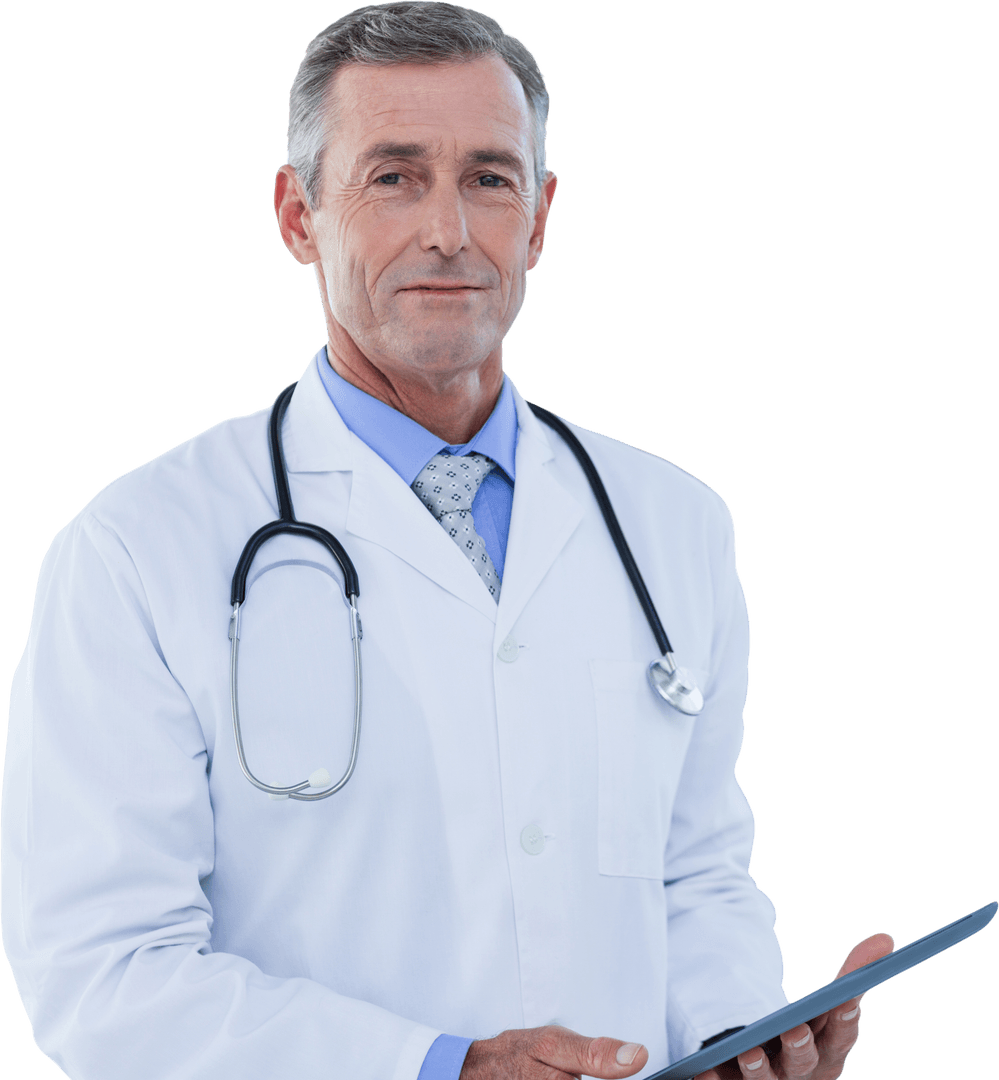 Confident Senior Doctor Holding Tablet with Transparent Background