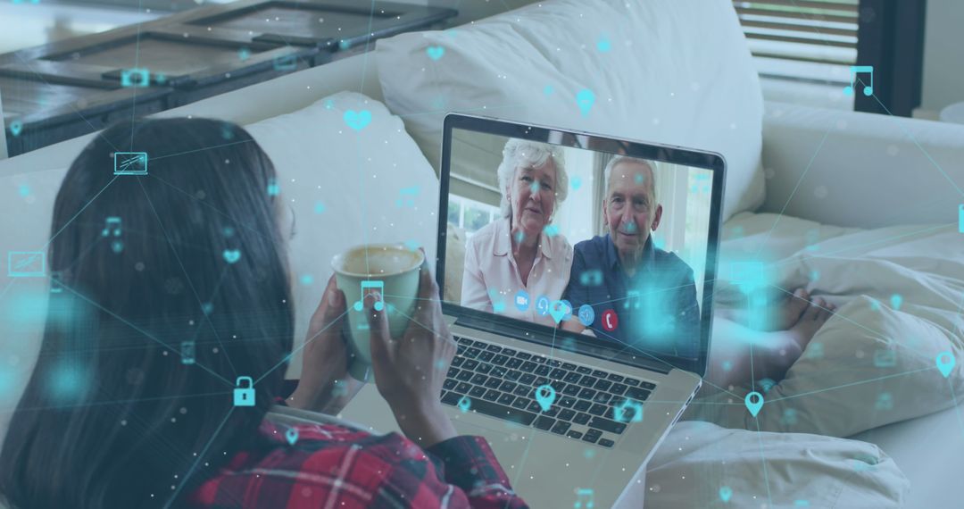 Elderly Couple on Video Call with Granddaughter Conceptual Digital Interface