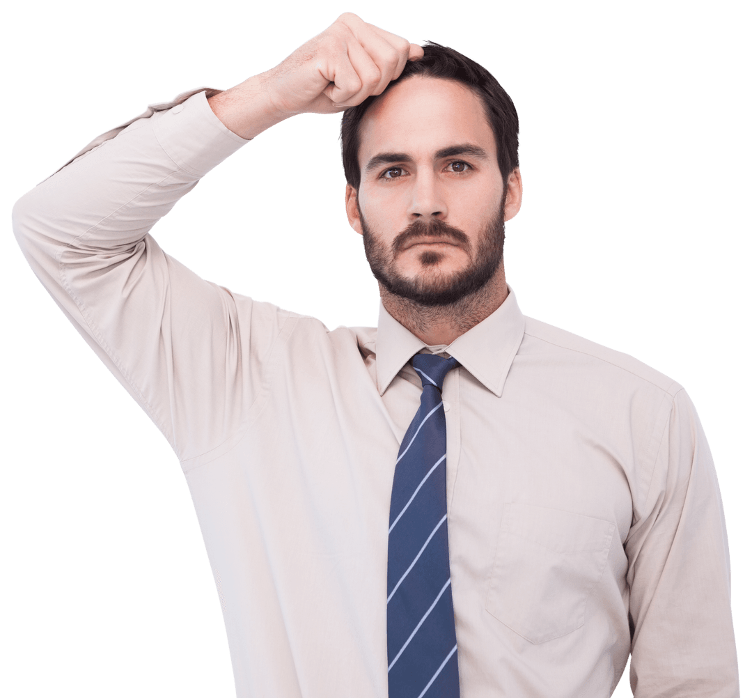 Transparent Image of Serious Businessman Holding Head in Reflection