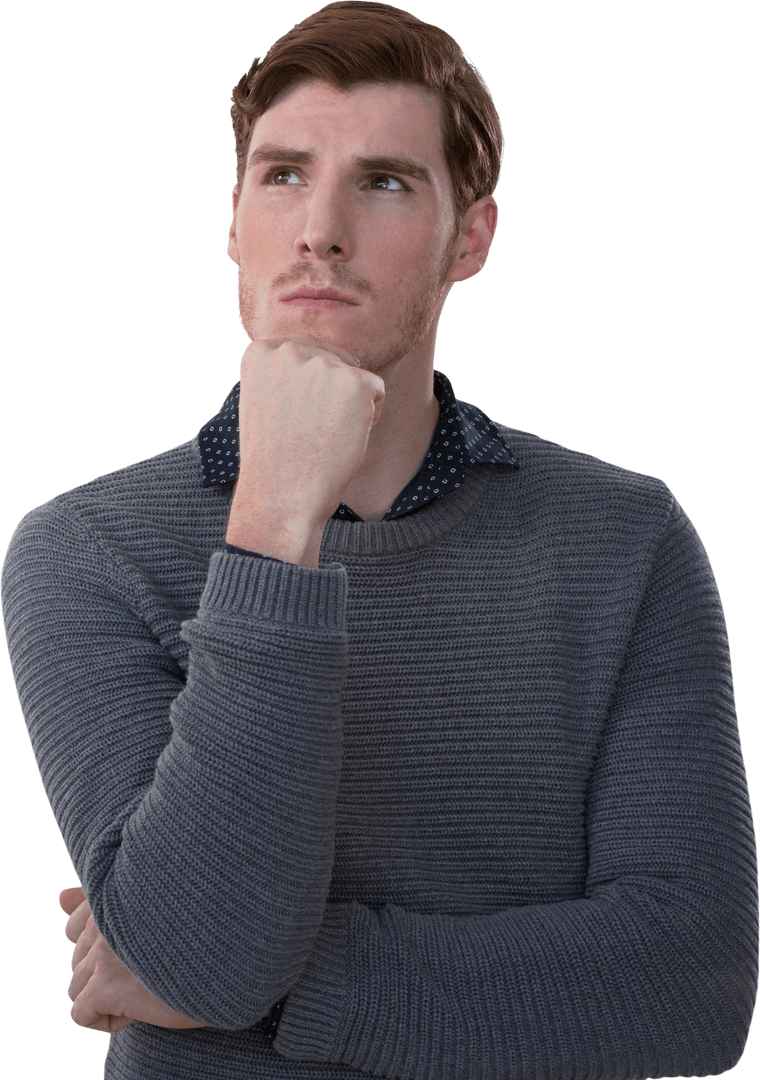 Caucasian Man Thinking with Curious Expression on Transparent Background