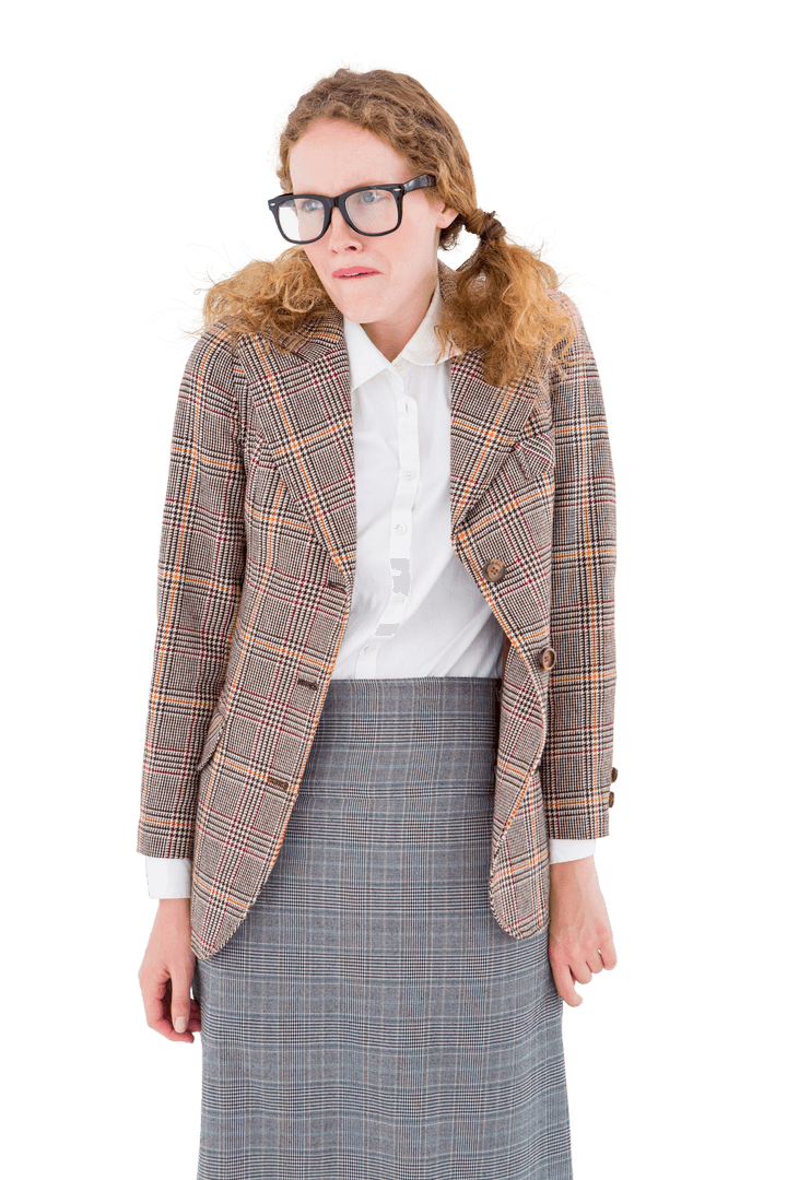 Nervous Transparent Geeky Hipster Woman with Glasses in Plaid Suit