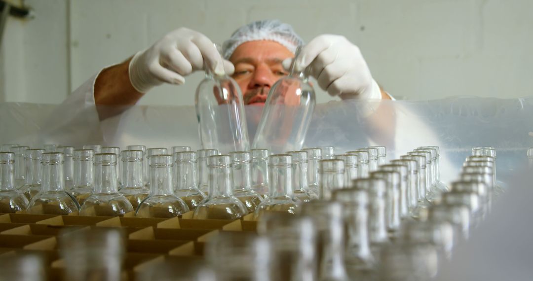 Factory Worker Inspecting Glass Bottles for Quality Assurance - Free Images, Stock Photos and Pictures on Pikwizard.com