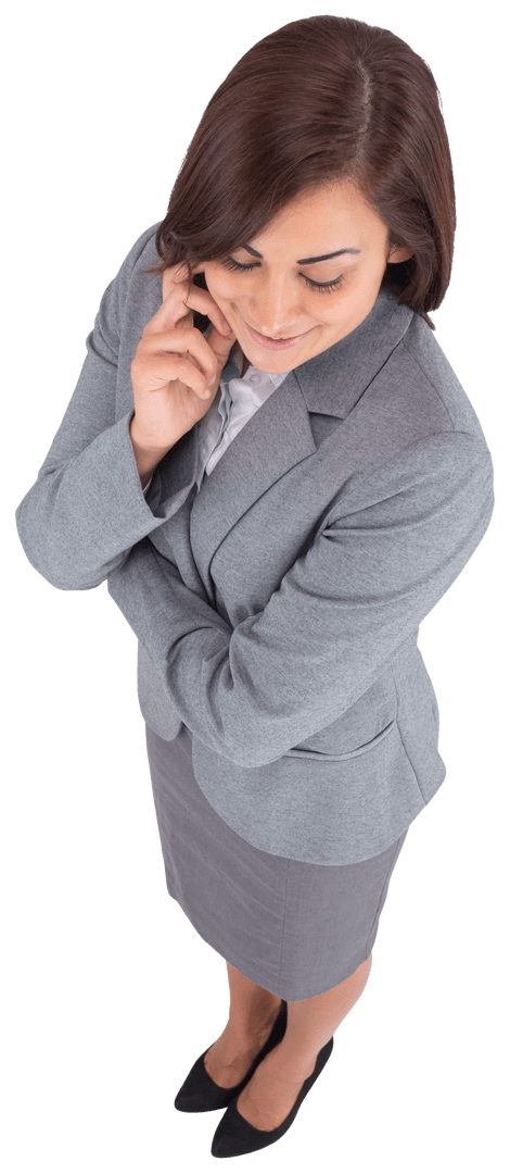 Transparent Smiling Businesswoman in Gray Suit Pose