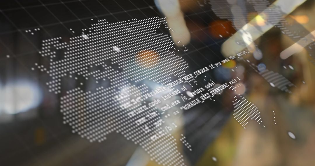 Digital World Map with Data Overlay and City Lights