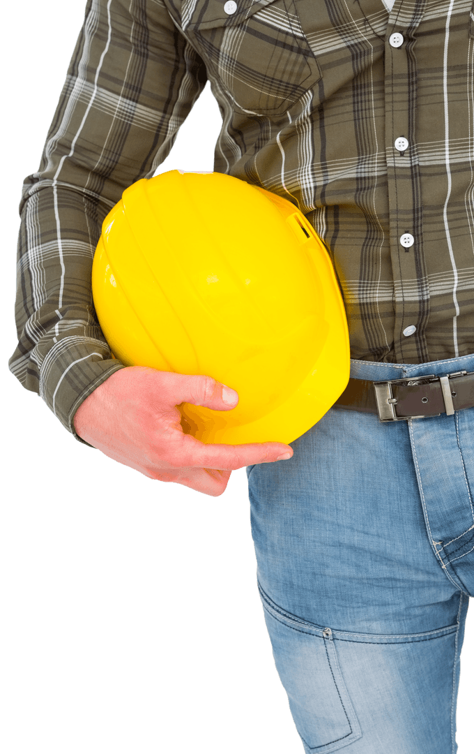 Man Holding Yellow Hard Hat in Transparent Background