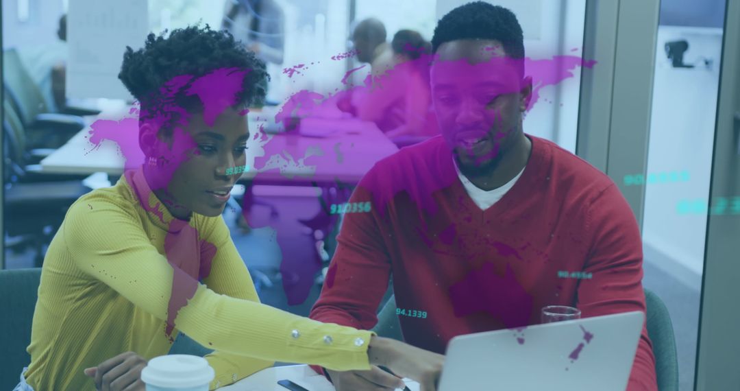 Team Collaborating with Digital Map Overlay in Modern Office