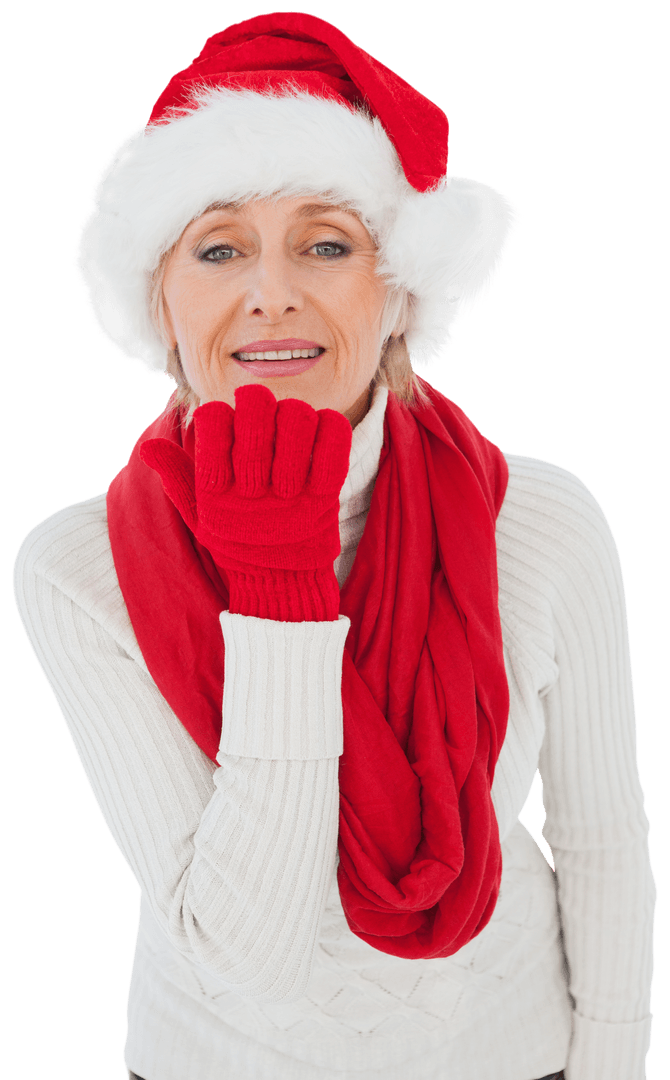 Smiling Older Caucasian Woman in Santa Hat on Transparent Background