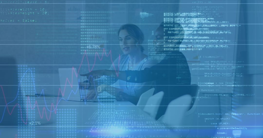 Diverse Team Analyzing Digital Finances With Data Overlay