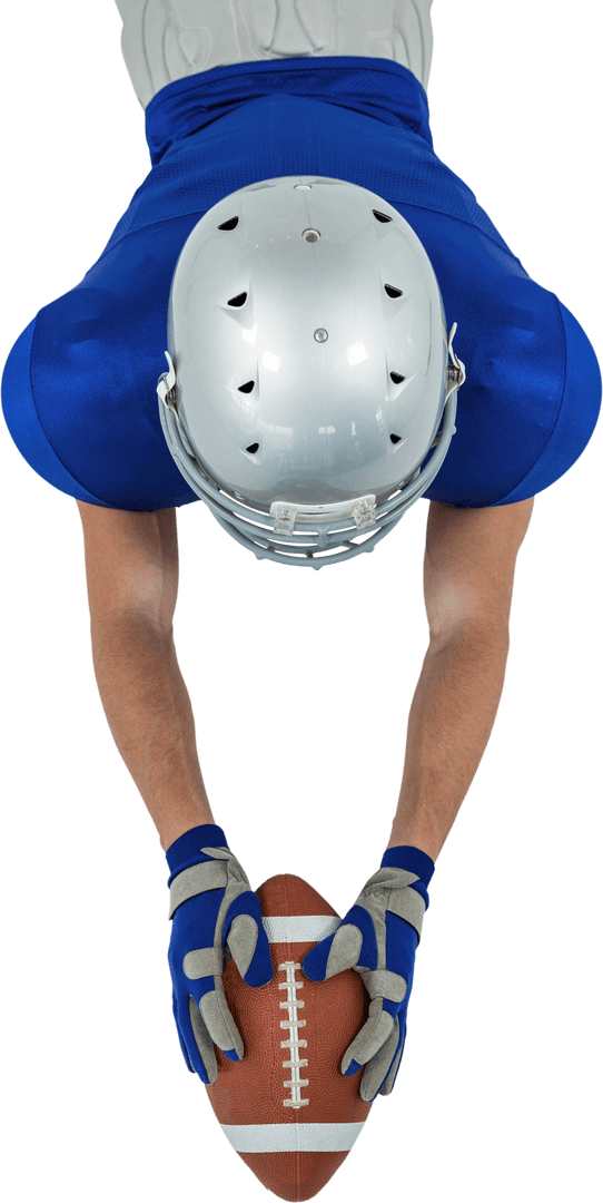 High Angle of American Football Player Reaching Ball on Transparent Background