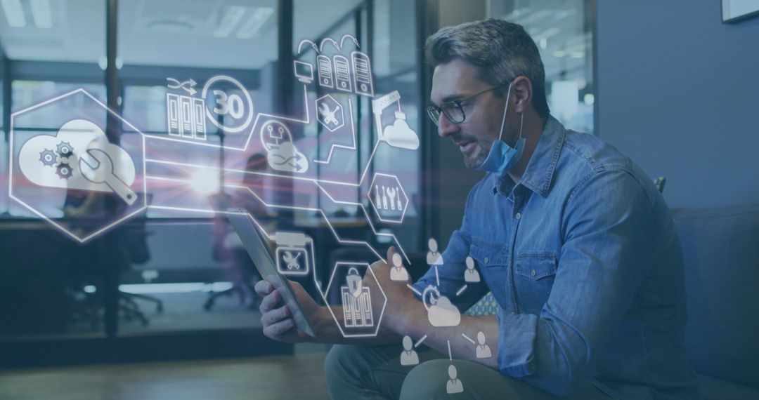 Businessman Analyzing Financial Data on Tablet with Digital Interface