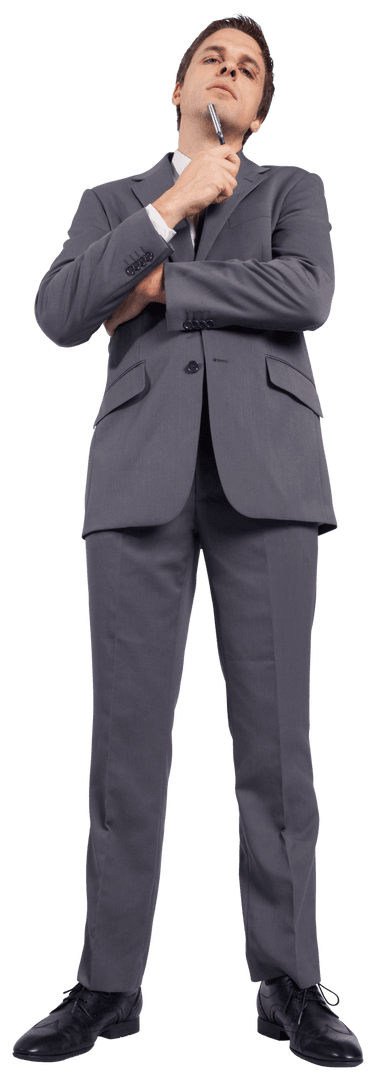 Thoughtful Businessman in Suit Holding Pen Transparent Background
