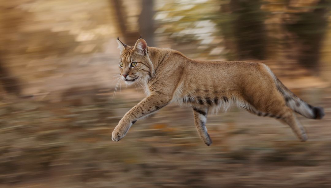 Leaping lynx sprinting through autumn woodland with motion-blur action