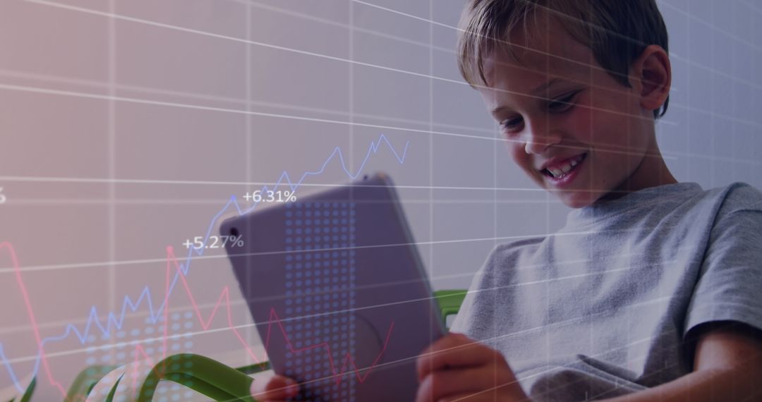 Child Engaged in Digital Learning with Tablet and Data Projections