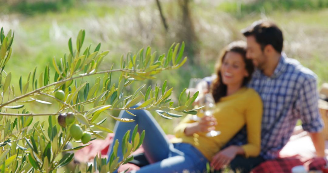 Couple Relaxing Outdoors on Picnic with Olive Tree in Foreground - Free Images, Stock Photos and Pictures on Pikwizard.com