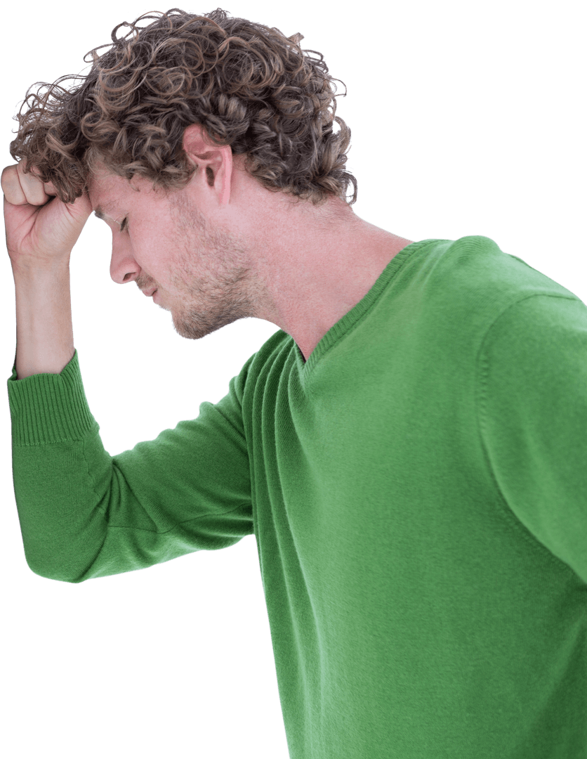 Transparent View Thoughtful Young Man Green Sweater