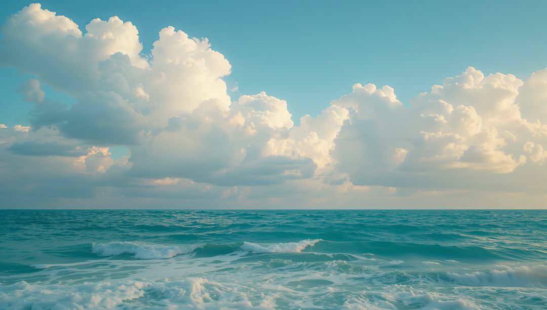 Tranquil Ocean with Gentle Waves and Fluffy White Clouds