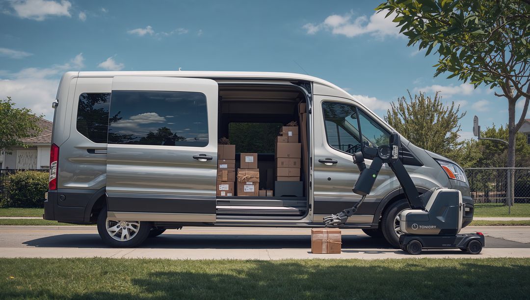 Autonomous delivery robot retrieving package from cargo van on suburban curb