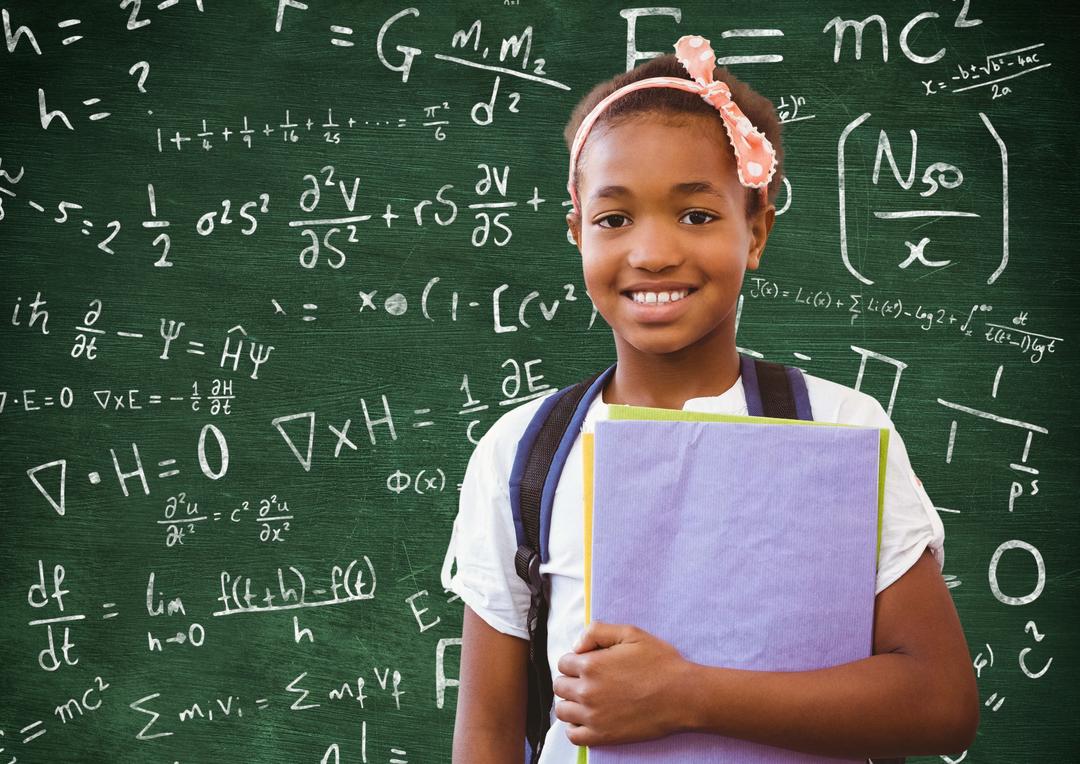 Girl in backpack holding file standing against chalkboard with mathematical symbols and formula - Free Images, Stock Photos and Pictures on Pikwizard.com