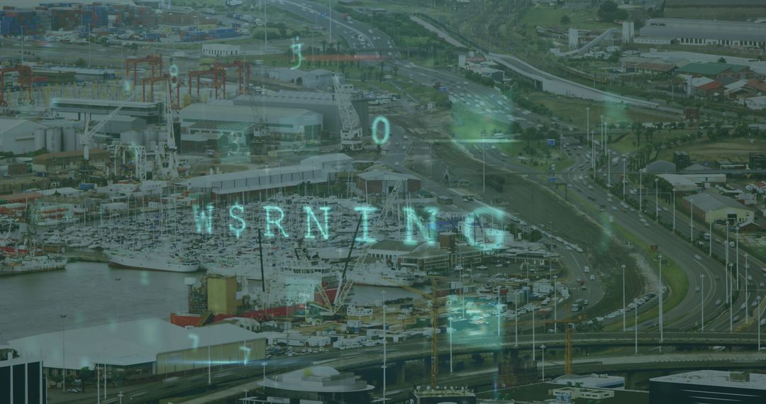 Digital Data Overlay on Cityscape with Maritime View