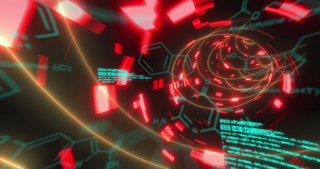 Digital Data Stream with Chemical Formulas and Neon Lights