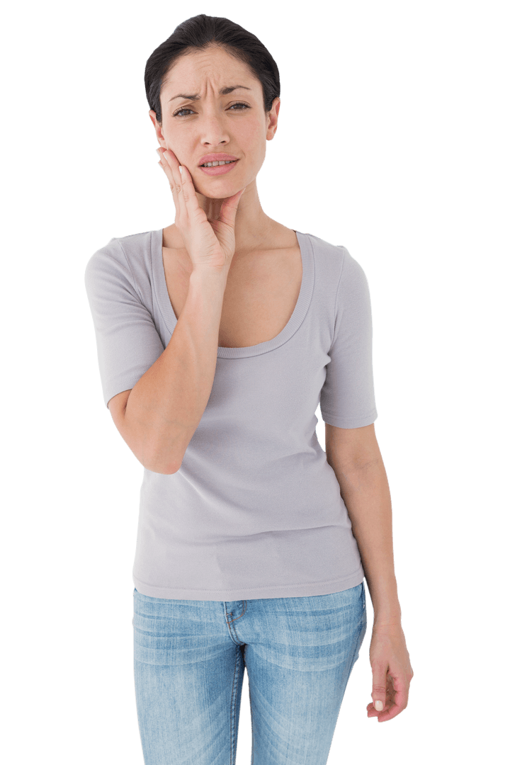 Woman with Toothache Expressing Discomfort on White Background