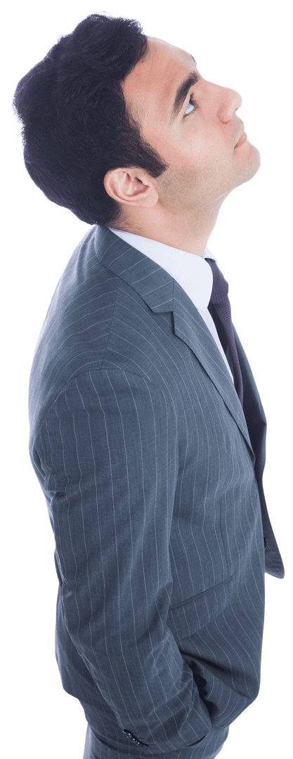 Confident Biracial Businessman Looking Up on Transparent Background