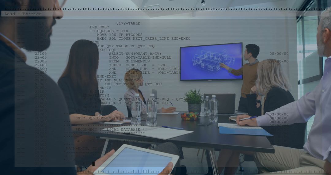 Diverse Team Analyzing Financial Data Presentation in Modern Office