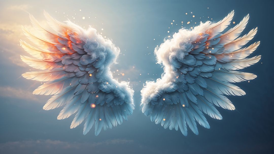 Celestial feathered angel wings blending into sunrise sky