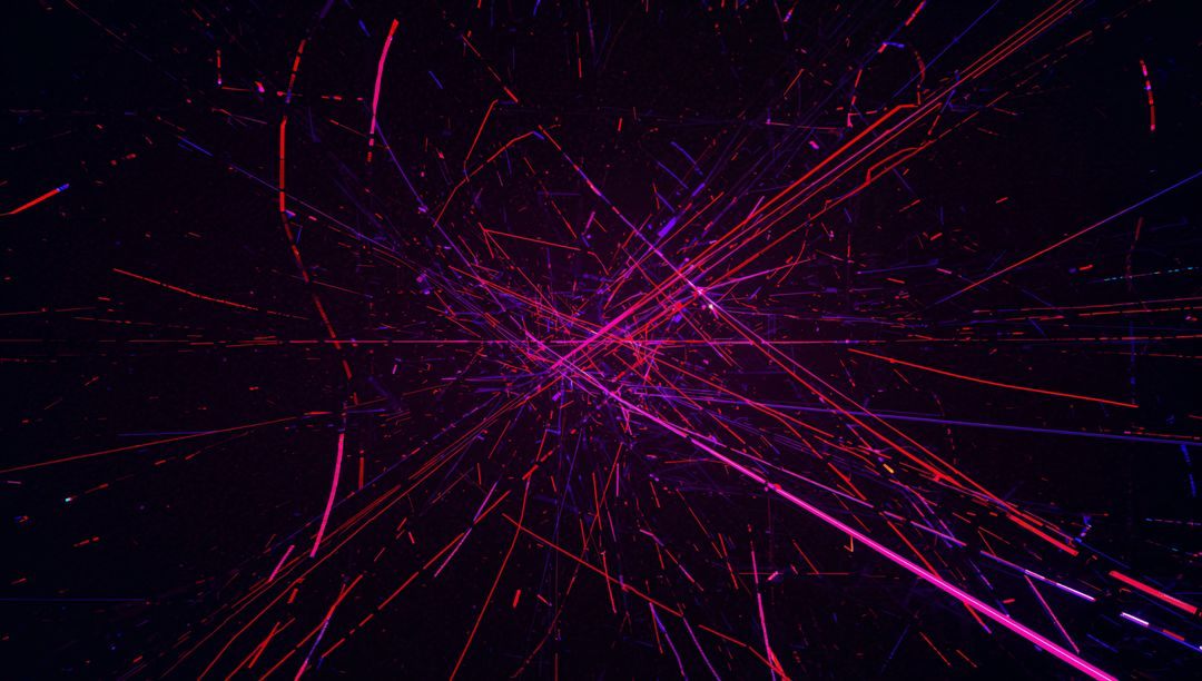 Neon particles bursting and radiating in cyberpunk void with magenta and red-violet trails