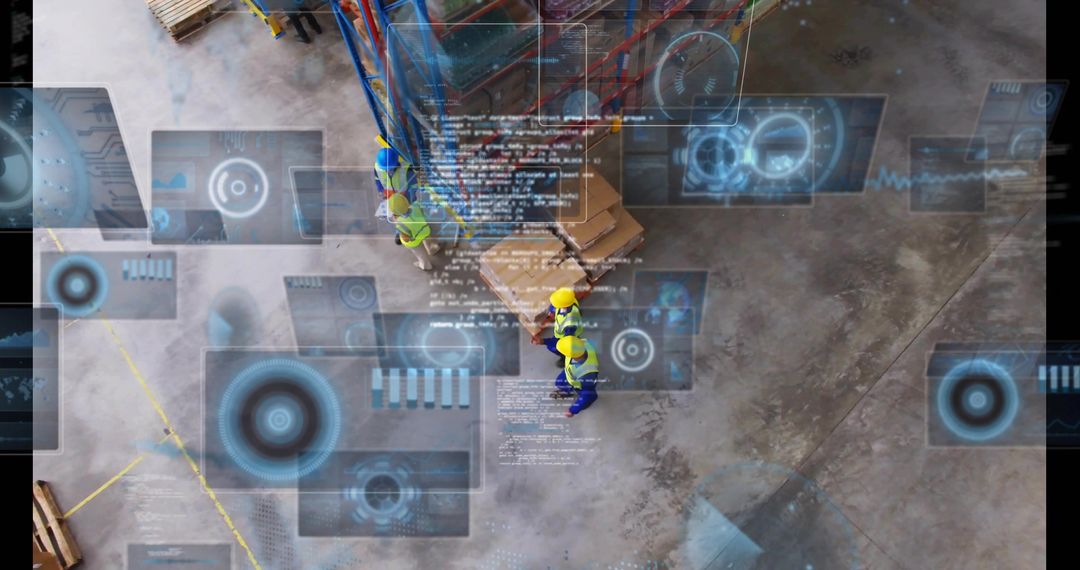 Warehouse logistics team inspecting and scanning pallets with augmented reality overlays