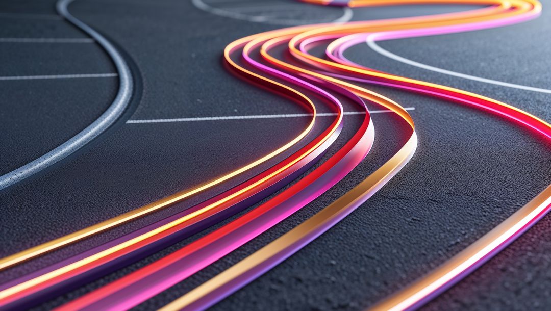 Curving Neon Strips Winding Across Asphalt Surface