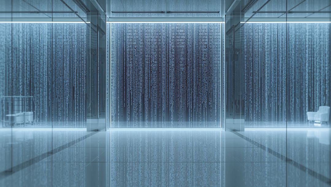 Futuristic glass lobby streaming binary code, illuminated panels, glossy floor reflection